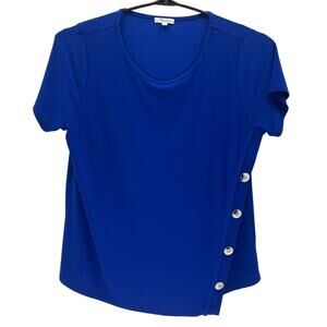 89th + Madison Blue Solid Polyester Spandex Short Sleeve Top Womens 1X Shirt